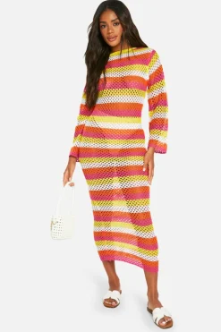 Jumper Dresses|Jumper Dresses*boohoo Stripe Crochet Scoop Maxi Knitted Maxi Dress pink