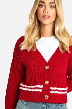 Cardigans*boohoo Stripe Detail Chunky Knitted Cardigan red