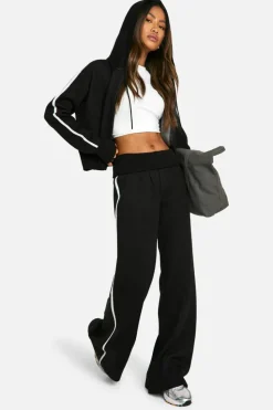 Knitted Co-Ords|Co-Ord Sets*boohoo Stripe Detail Knitted Hoody And Waist Detail Flared Trouser black
