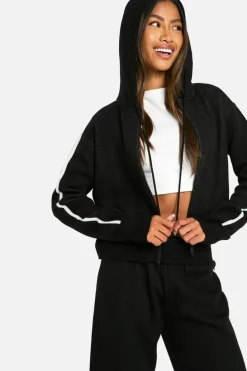 Knitted Co-Ords|Co-Ord Sets*boohoo Stripe Detail Knitted Hoody And Waist Detail Flared Trouser black