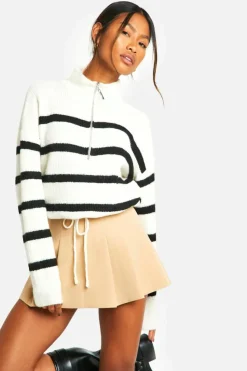 Cardigans|Jumpers & Cardigans*boohoo Stripe Drawstring Hemline Zip Funnel Neck Jumper ivory