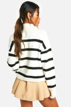Cardigans|Jumpers & Cardigans*boohoo Stripe Drawstring Hemline Zip Funnel Neck Jumper ivory
