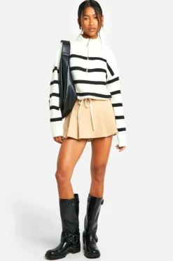 Cardigans|Jumpers & Cardigans*boohoo Stripe Drawstring Hemline Zip Funnel Neck Jumper ivory