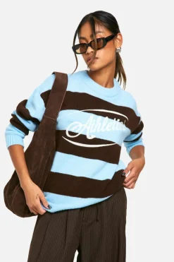 Oversized Jumpers|Jumpers*boohoo Stripe Embroidered Athletics Knitted Oversized Crew Neck Jumper baby blue