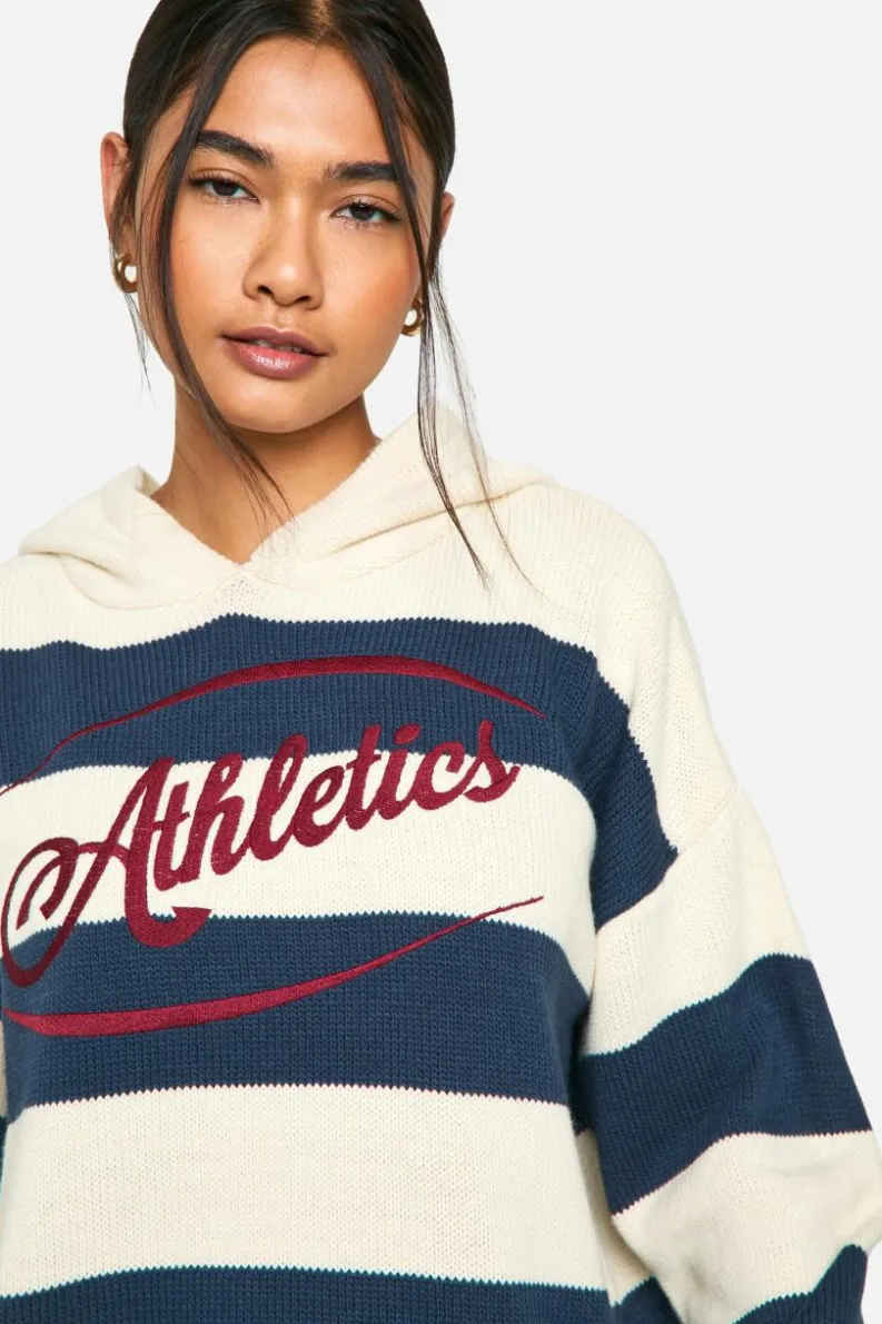 Oversized Jumpers|Jumpers*boohoo Stripe Embroidered Athletics Oversized Knitted Hoody navy