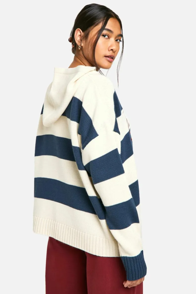 Oversized Jumpers|Jumpers*boohoo Stripe Embroidered Athletics Oversized Knitted Hoody navy