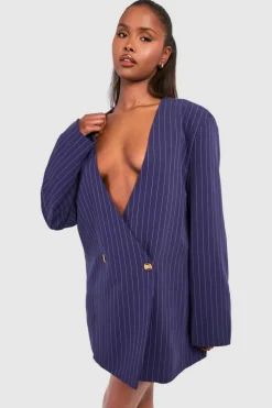 Blazer Dresses*boohoo Stripe Oversized Collarless Blazer Dress navy