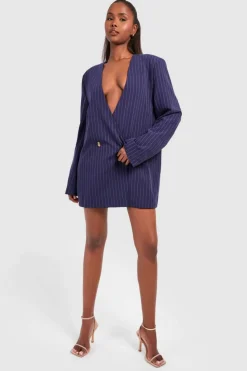 Blazer Dresses*boohoo Stripe Oversized Collarless Blazer Dress navy