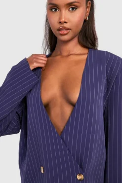 Blazer Dresses*boohoo Stripe Oversized Collarless Blazer Dress navy
