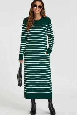 Jumper Dresses|Jumper Dresses*FS Collection Stripe Pattern Knitted Tunic Jumper Dress In Dark Green