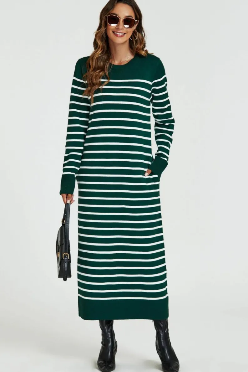 Jumper Dresses|Jumper Dresses*FS Collection Stripe Pattern Knitted Tunic Jumper Dress In Dark Green