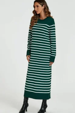 Jumper Dresses|Jumper Dresses*FS Collection Stripe Pattern Knitted Tunic Jumper Dress In Dark Green
