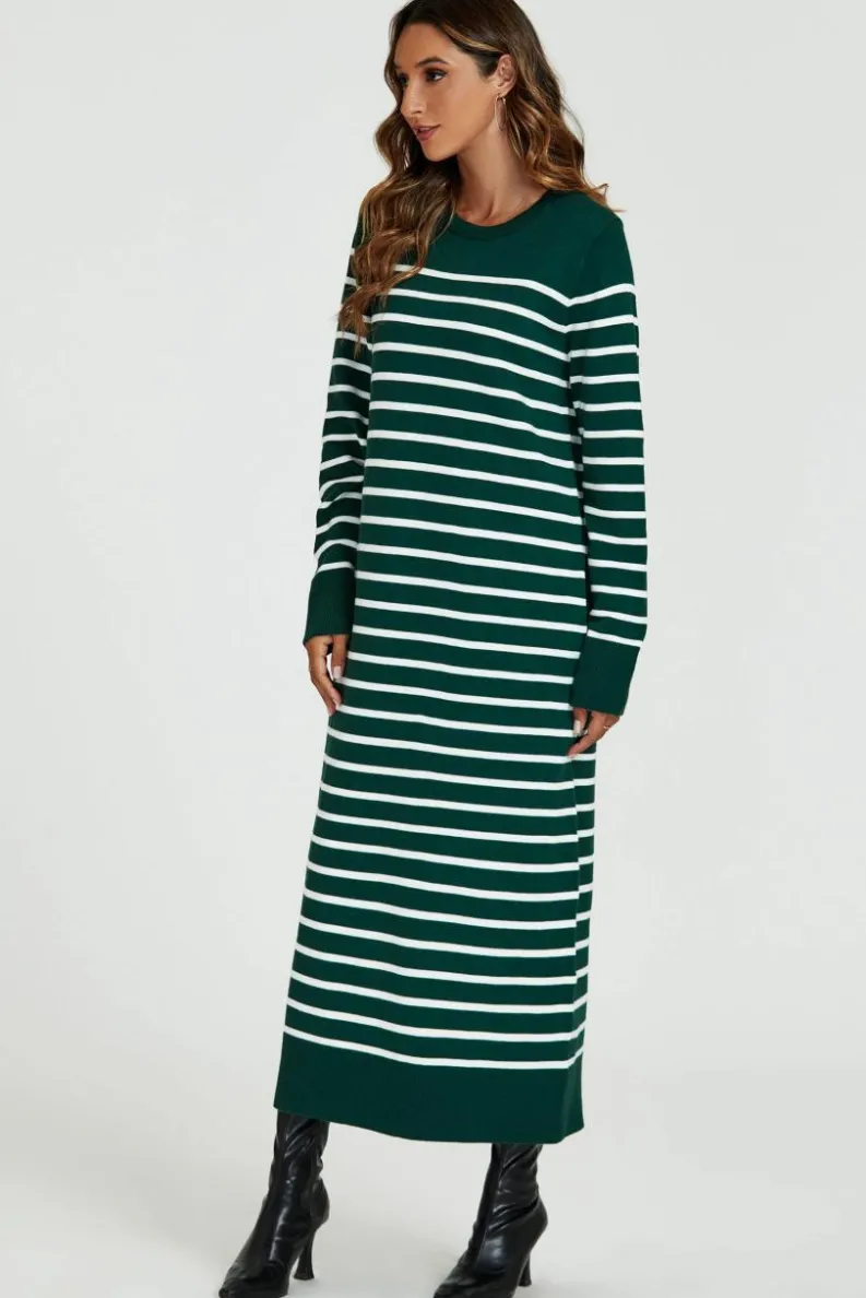 Jumper Dresses|Jumper Dresses*FS Collection Stripe Pattern Knitted Tunic Jumper Dress In Dark Green