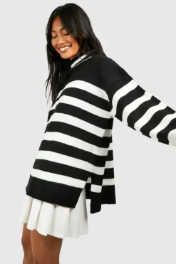 Jumpers*boohoo Stripe Roll Neck Side Split Jumper black