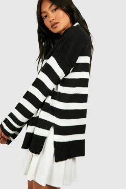 Jumpers*boohoo Stripe Roll Neck Side Split Jumper black
