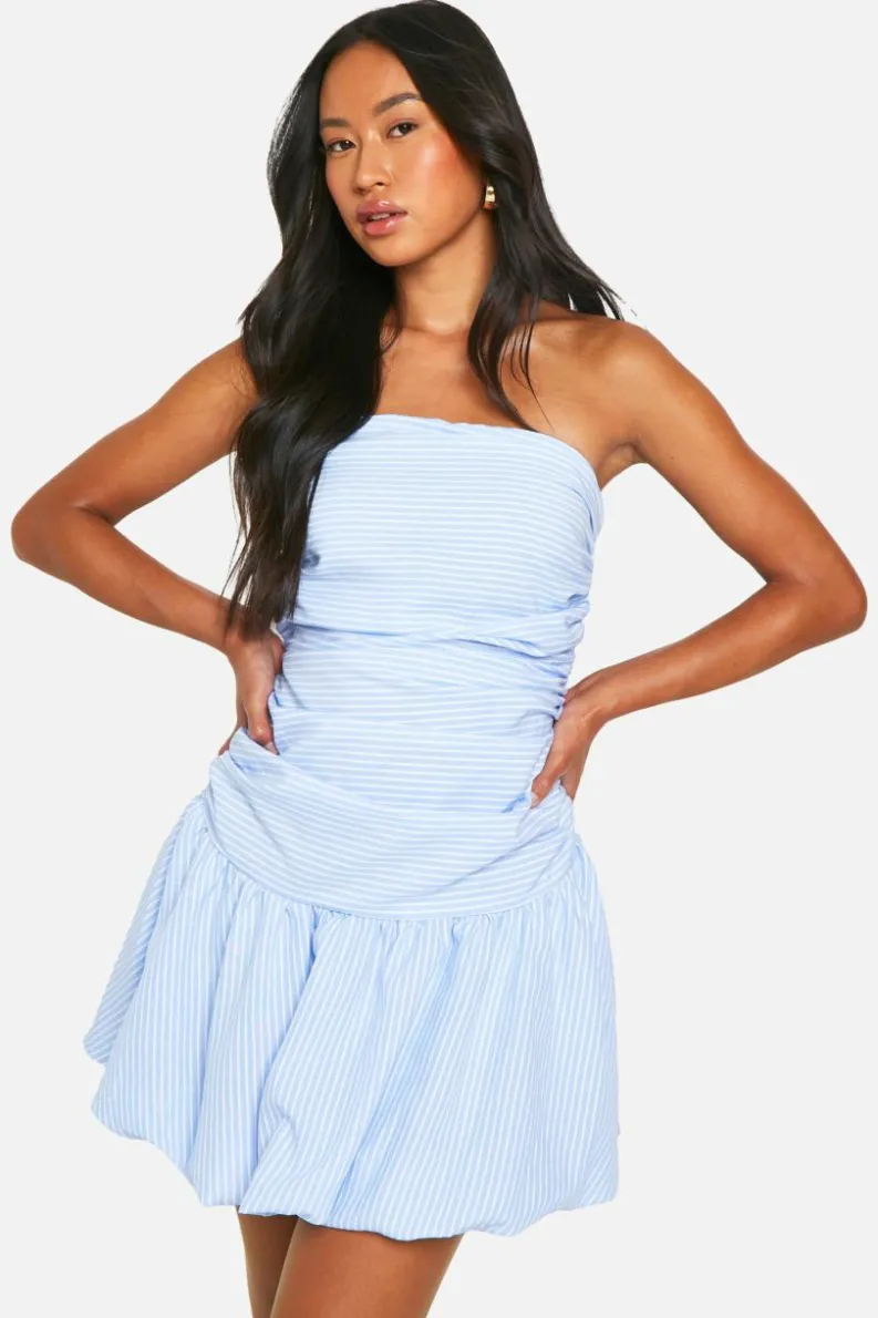 Smock Dresses*boohoo Stripe Ruched Bandeau Open Back Mini Dress blue