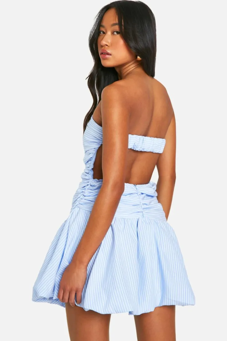 Smock Dresses*boohoo Stripe Ruched Bandeau Open Back Mini Dress blue