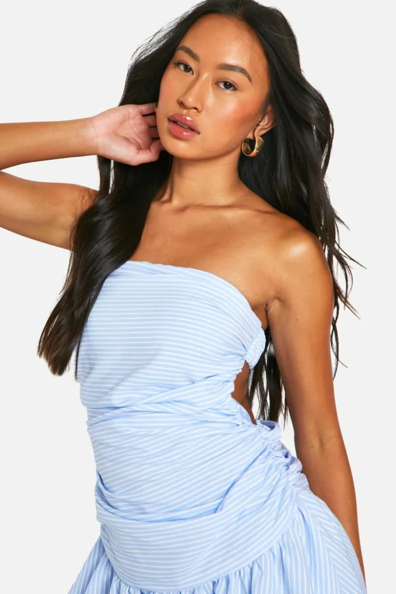 Smock Dresses*boohoo Stripe Ruched Bandeau Open Back Mini Dress blue