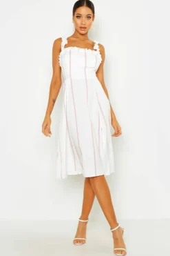 Midi Dresses*boohoo Stripe Ruffle Strap Midi Skater Dress pink
