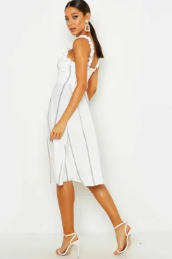 Midi Dresses*boohoo Stripe Ruffle Strap Midi Skater Dress pink