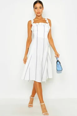 Midi Dresses*boohoo Stripe Ruffle Strap Midi Skater Dress pink
