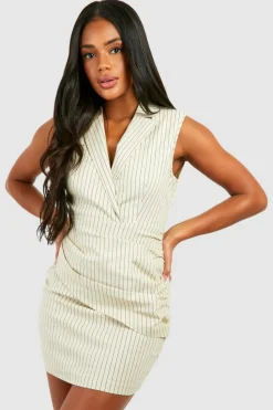 Blazer Dresses*boohoo Stripe Sleeveless Drape Detail Blazer Dress stone