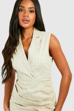 Blazer Dresses*boohoo Stripe Sleeveless Drape Detail Blazer Dress stone