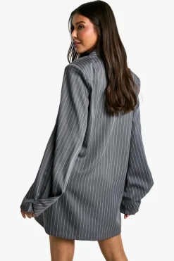 Blazer Dresses|Mini Dresses*boohoo Stripe Woven Pocket Front Oversized Blazer Dress charcoal