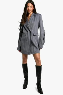 Blazer Dresses|Mini Dresses*boohoo Stripe Woven Pocket Front Oversized Blazer Dress charcoal