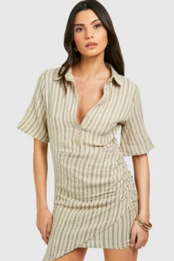 Shirt Dresses|Wrap Dresses*boohoo Stripe Wrap Short Sleeve Shirt Dress stone