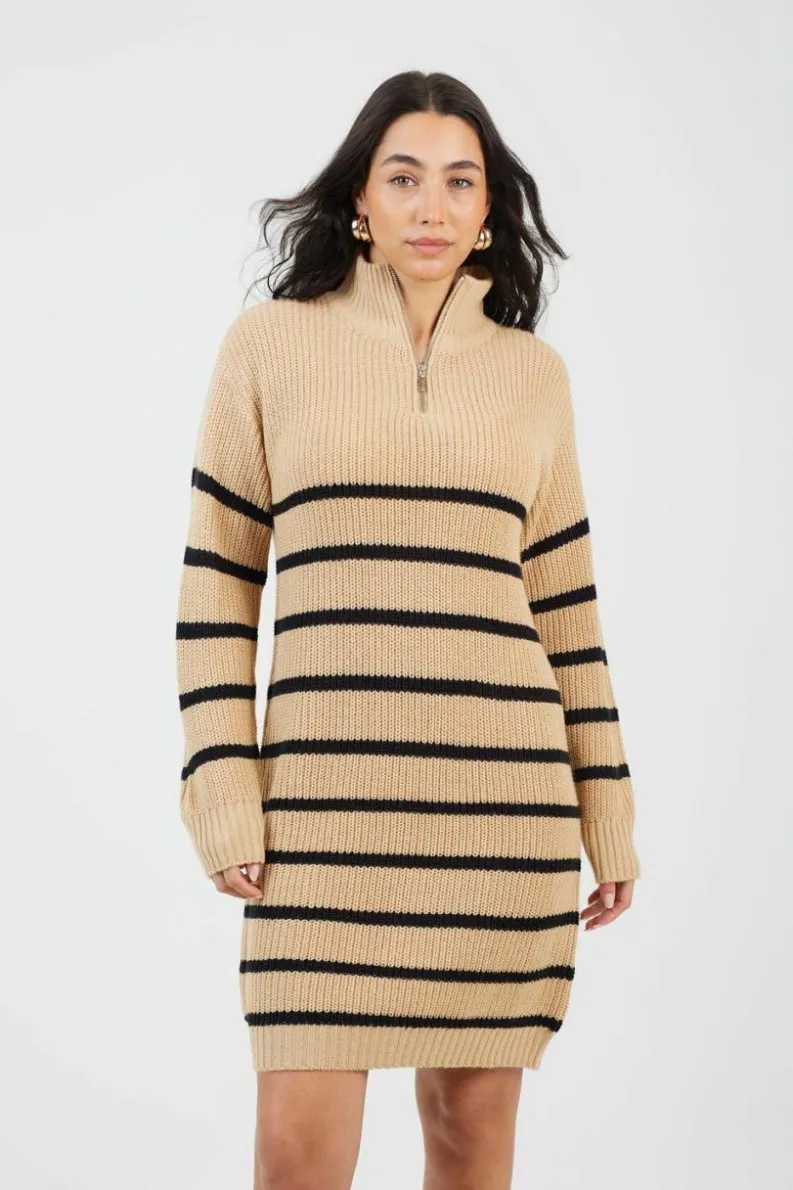 Jumper Dresses|Jumper Dresses*Brave Soul Striped Knitted Half Zip Mini Dress Camel