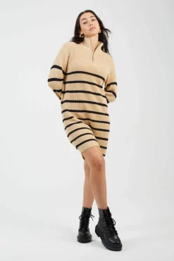 Jumper Dresses|Jumper Dresses*Brave Soul Striped Knitted Half Zip Mini Dress Camel