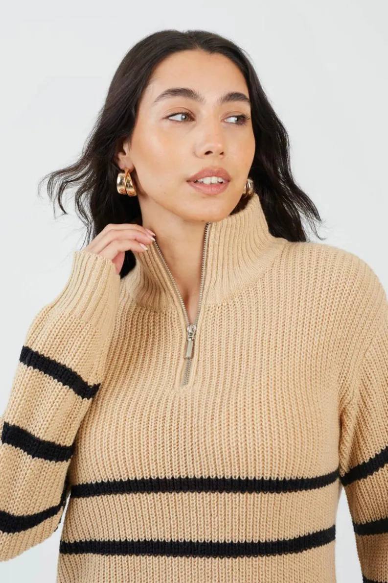 Jumper Dresses|Jumper Dresses*Brave Soul Striped Knitted Half Zip Mini Dress Camel