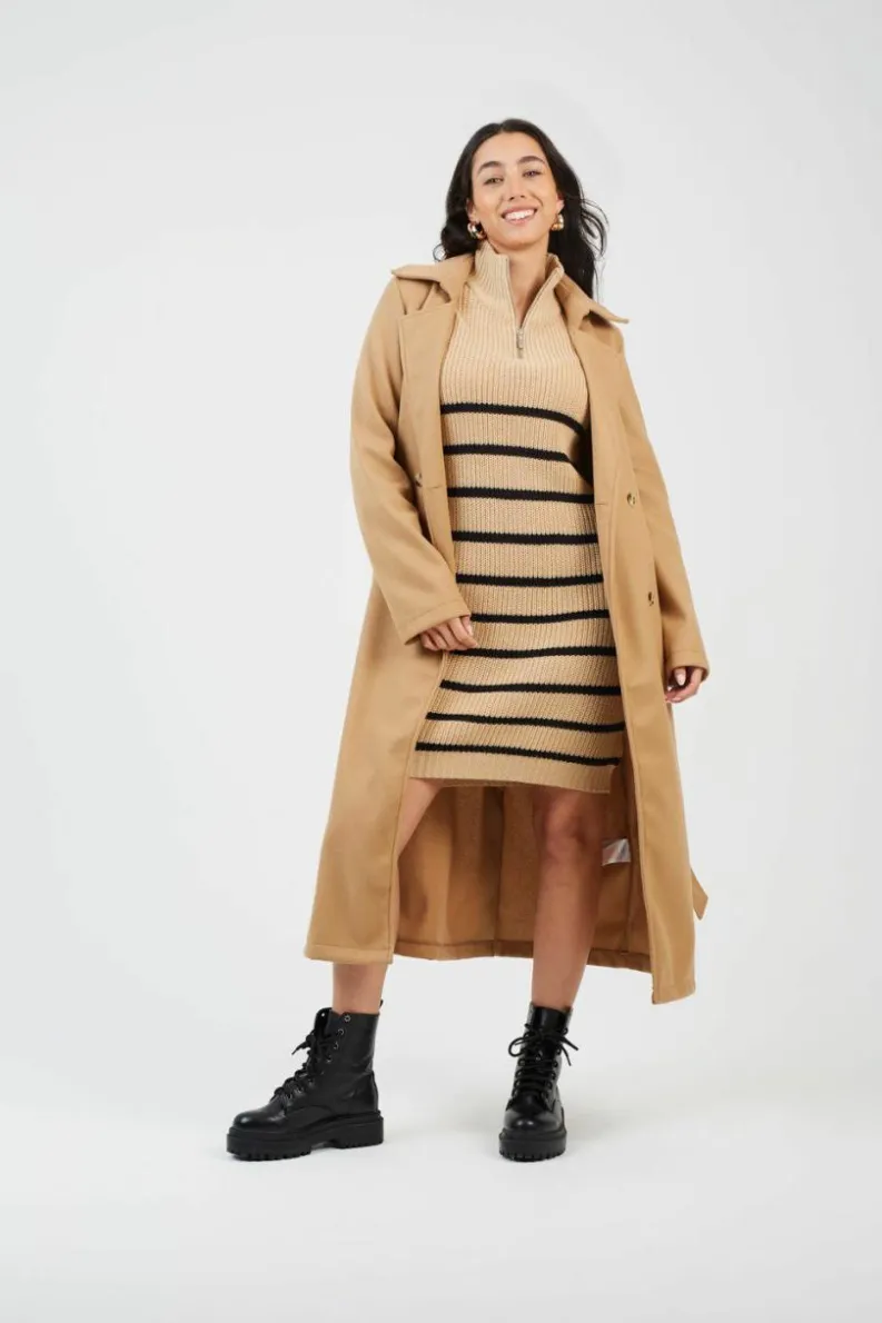 Jumper Dresses|Jumper Dresses*Brave Soul Striped Knitted Half Zip Mini Dress Camel