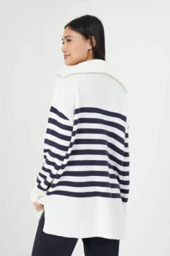 Oversized Jumpers*Brave Soul Striped Oversized 1/2 Zip Knitted Jumper Ivory