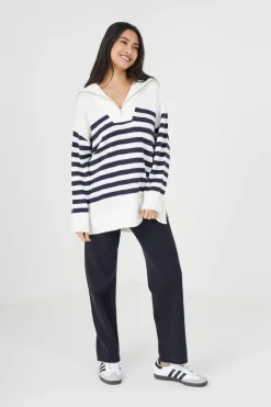 Oversized Jumpers*Brave Soul Striped Oversized 1/2 Zip Knitted Jumper Ivory
