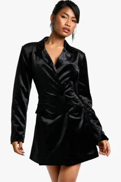 Blazer Dresses*boohoo Structured Cinched Waist Velvet Blazer Dress black
