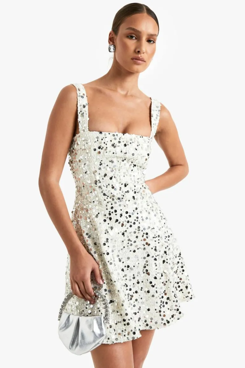 Skater Dresses|Mini Dresses*boohoo Structured Sequin Boucle Skater Dress cream