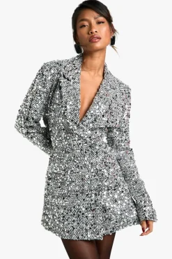 Blazer Dresses|Mini Dresses*boohoo Structured Sequin Boucle Blazer Dress black
