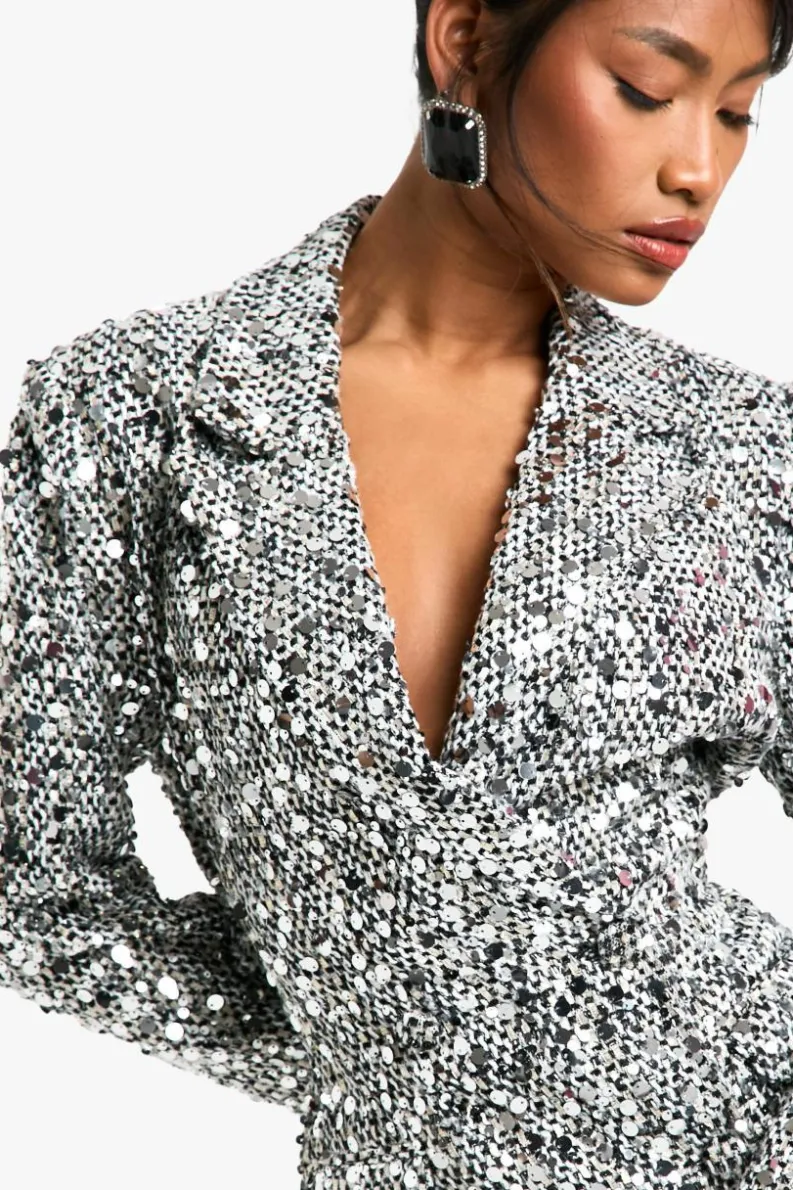 Blazer Dresses|Mini Dresses*boohoo Structured Sequin Boucle Blazer Dress black