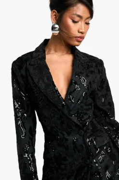 Blazer Dresses*boohoo Structured Velvet Lace Demask Blazer Dress black