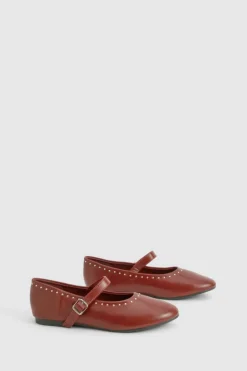 Ballet Flats|Flats*boohoo Stud Detail Mary Jane Ballets wine