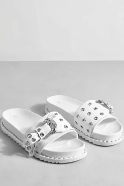 Flats|Sandals*boohoo Stud Detail Western Buckle Slider white