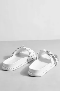 Flats|Sandals*boohoo Stud Detail Western Buckle Slider white
