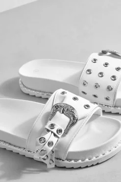 Flats|Sandals*boohoo Stud Detail Western Buckle Slider white