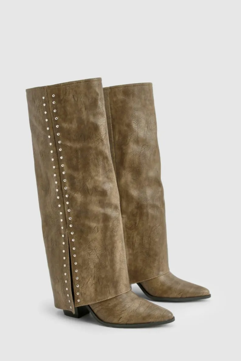Knee High Boots|Cowboy Boots*boohoo Studded Detail Fold Over Distressed Western Boot brown