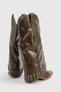 Cowboy Boots*boohoo Studded Foldover Western Cowboy Boots brown