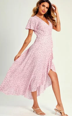 Wrap Dresses*FS Collection Summer Floral Print Hem Wrap Midi Dress In Pink