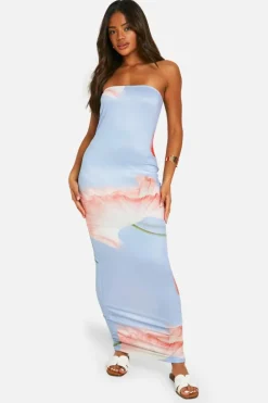 Bodycon Dresses|Maxi Dresses*boohoo Super Soft Bandeau Floral Maxi Dress blue