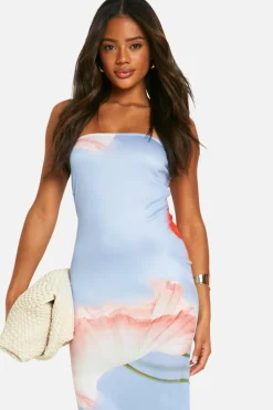 Bodycon Dresses|Maxi Dresses*boohoo Super Soft Bandeau Floral Maxi Dress blue